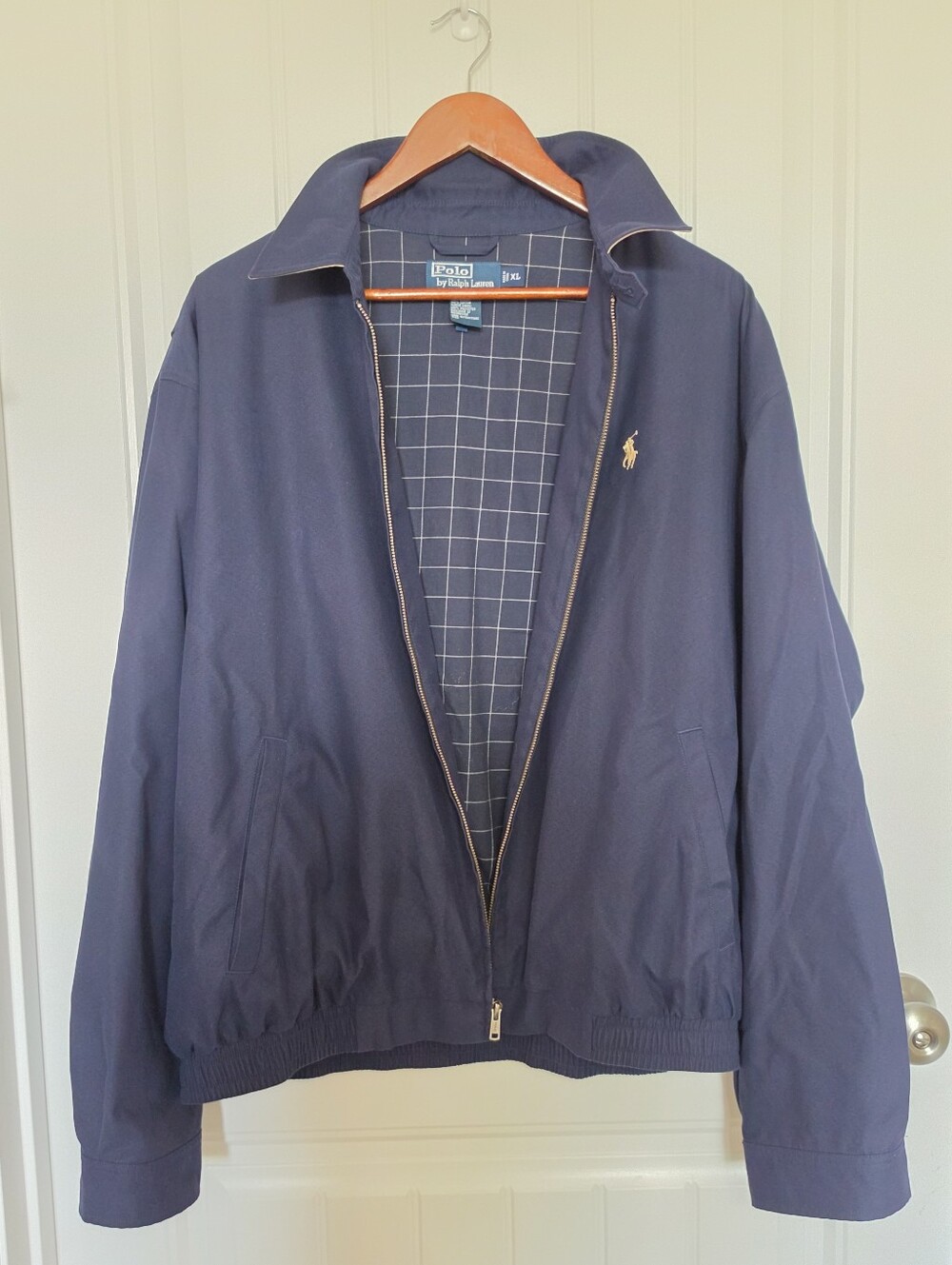 Polo by Ralph Lauren Navy Blue Harrington Zip Jacket, Windowpane Lining Men's XL